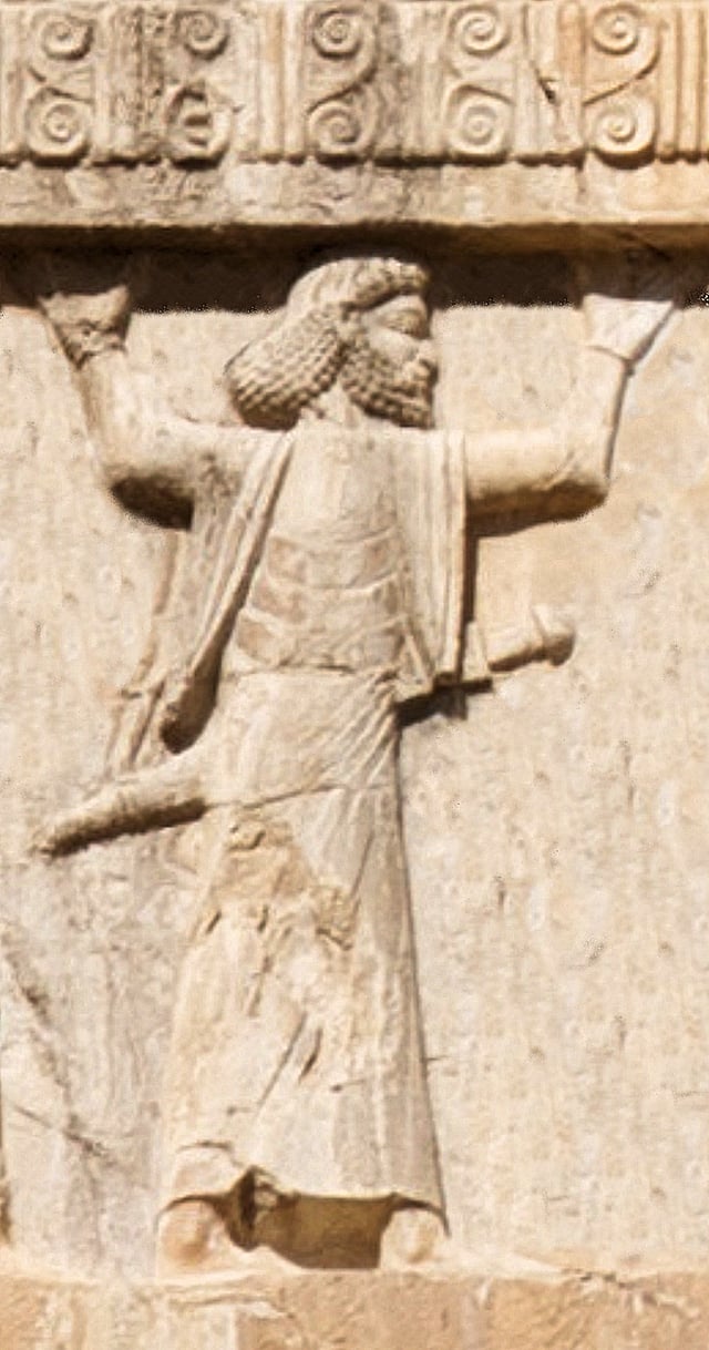 Arab soldier (Old Persian cuneiform: 𐎠𐎼𐎲𐎠𐎹, Arabāya) of the Achaemenid army, circa 480 BCE. Xerxes I tomb relief.