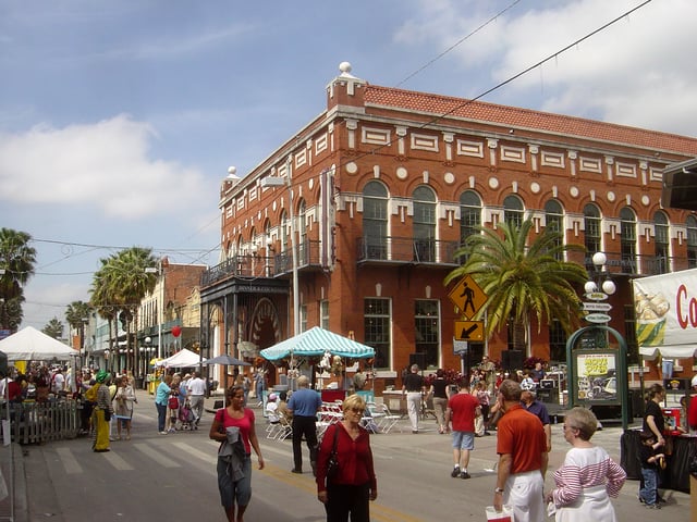 A street festival on Ybor City's famous 7th Avenue in front of the historic El Centro Español de Tampa