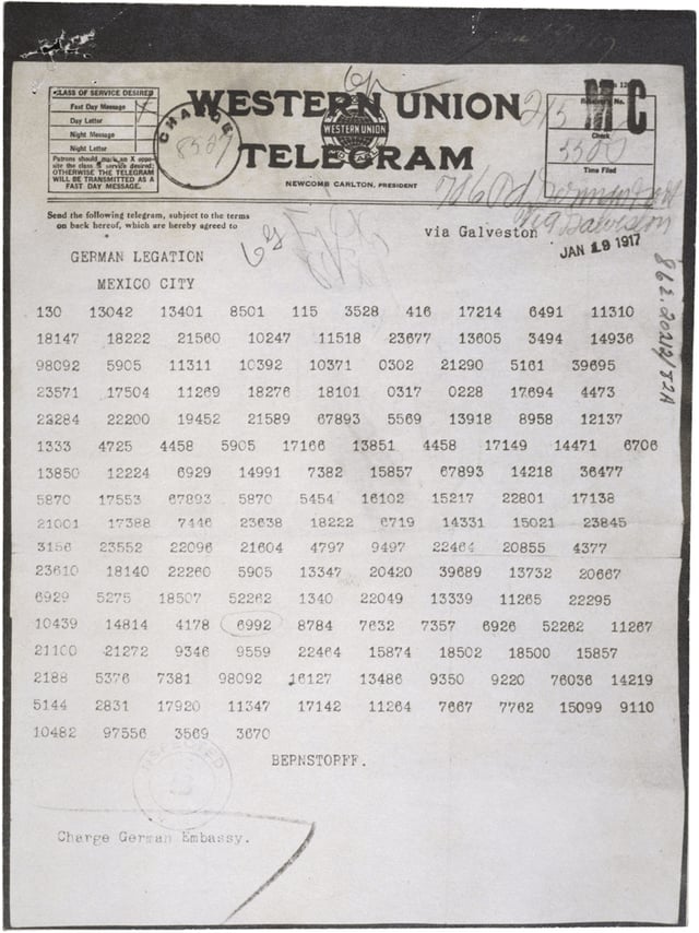 The Zimmermann Telegram as it was sent from Washington to Ambassador Heinrich von Eckardt (German ambassador to Mexico)