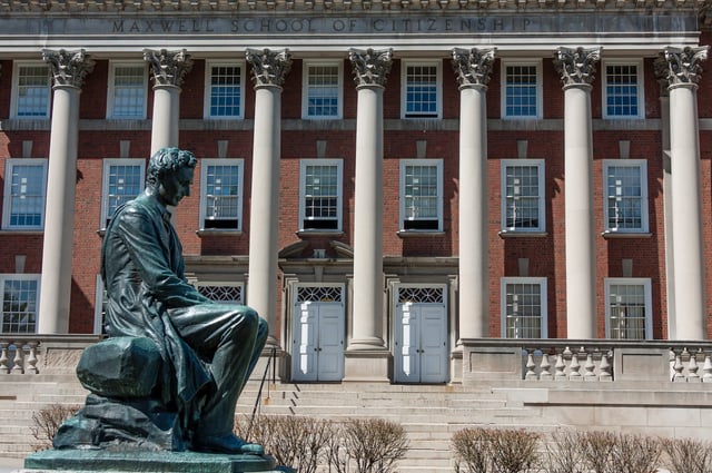 The statue of Abraham Lincoln outside the Maxwell School of Citizenship and Public Affairs