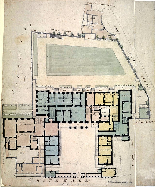 The Admiralty complex in 1794. The colours indicate departments or residences for the several Lords of the Admiralty. The pale coloured extension behind the small courtyard, on the left is Admiralty House.