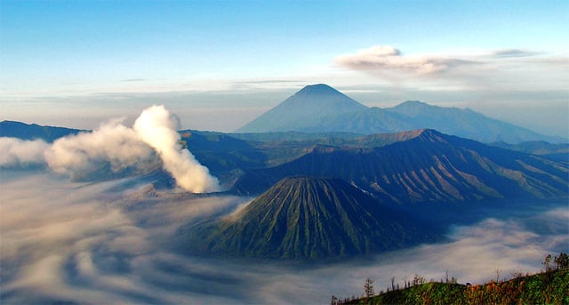 Mount Semeru and Mount Bromo in East Java. Indonesia's seismic and volcanic activity is among the world's highest.