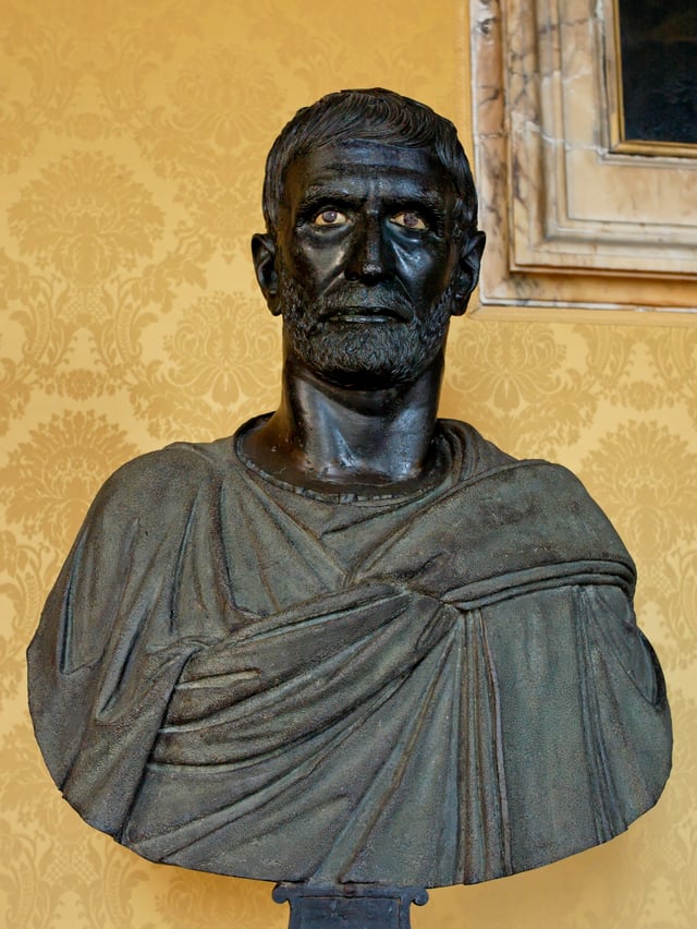 This bust from the Capitoline Museums is traditionally identified as a portrait of Lucius Junius Brutus, Roman bronze sculpture, 4th to late 3rd centuries BC