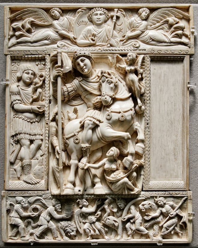 The Barberini Ivory, which is thought to portray either Justinian or Anastasius I