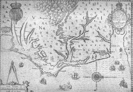 Revised map of John White's original by Theodore DeBry. In this 1590 version, the Chesapeake Bay appears named for the first time.