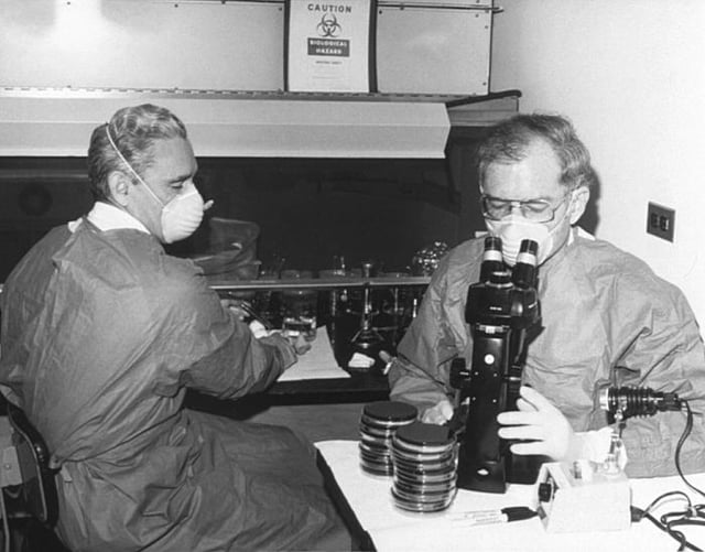 The advent of the microscope was one of the major developments in the history of pathology.  Here researchers at the Centers for Disease Control in 1978 examine cultures containing Legionella pneumophila, the pathogen responsible for Legionnaire's disease.