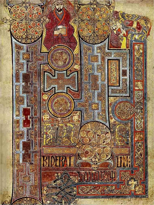 A page from the 9th century Book of Kells, one of the finest examples of Insular art. It is believed to have been made in Gaelic monasteries in Ireland and Scotland.