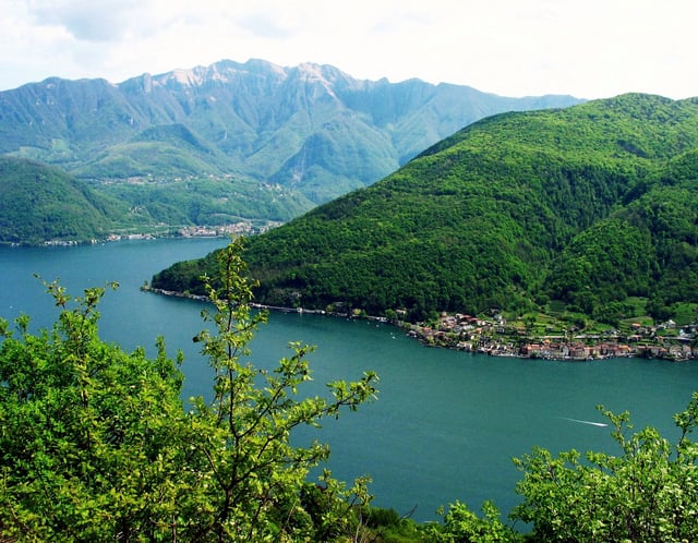 Monte San Giorgio (right) seen across Lake Lugano