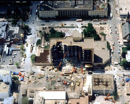 An aerial view, looking from the north, of the destruction