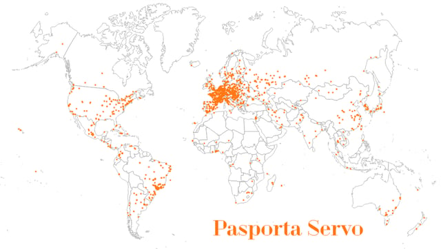 Location map of hosts of Pasporta Servo, the Esperanto homestay community, by 2015