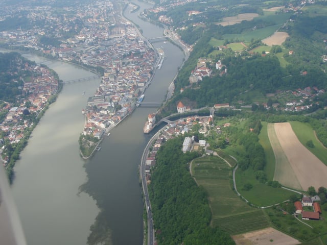 The triple confluence in Passau; from left to right, the Inn, the Danube, and the Ilz.