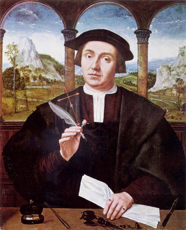 In civil law systems such as those of Italy, France, Germany, Spain and Greece, there is a distinct category of notary, a legally trained public official, compensated by the parties to a transaction. This is a 16th-century painting of such a notary by Flemish painter Quentin Massys.