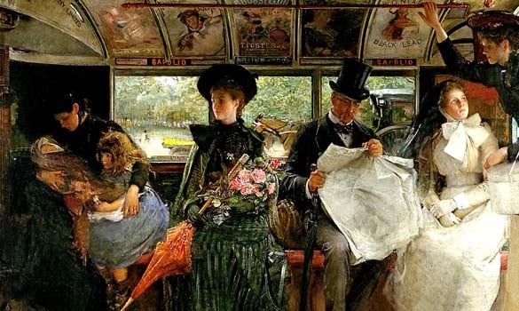 George William Joy's painting The Bayswater Omnibus, 1895, depicts middle-class social life in this English Victorian-era street scene.
