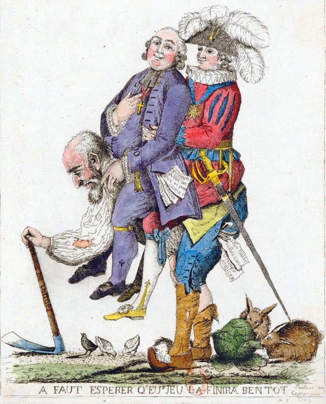 Caricature of the Third Estate carrying the First Estate (clergy) and the Second Estate (nobility) on its back