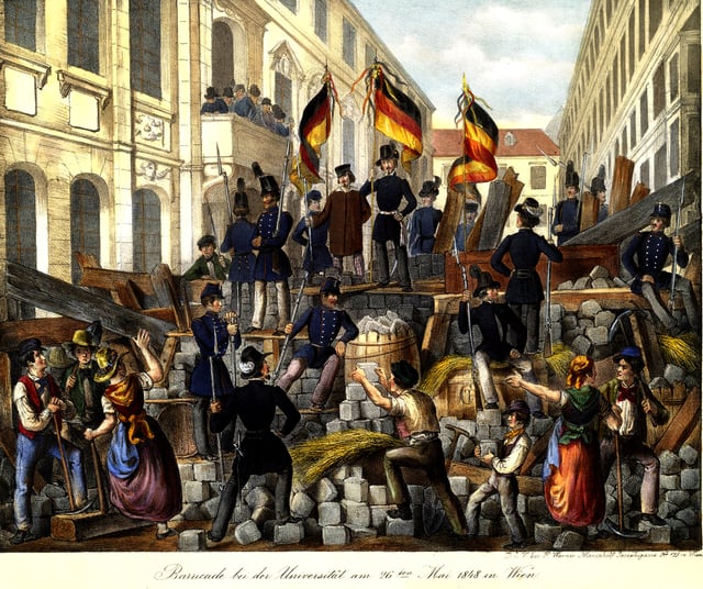 Revolutionaries in Vienna with German tricolor flags, May 1848