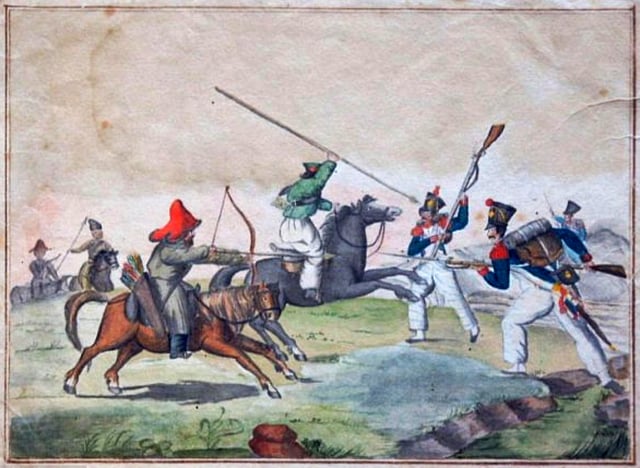 French soldiers in skirmish with Bashkirs and Cossacks in 1813