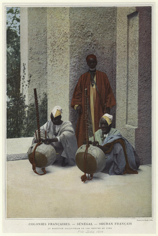 Kora-playing griots in Senegal, 1900. Both the Kora, a 21-stringed harp-lute, and the griot musical-caste are unique to West Africa.