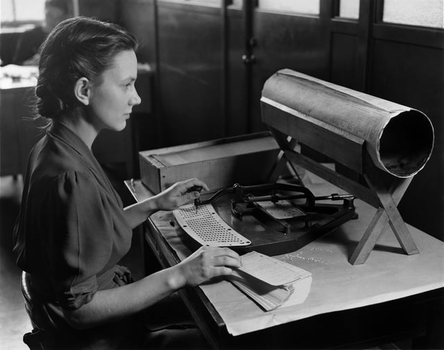 A woman with a Hollerith pantograph punch, the keyboard is for the 1920 US Census population card