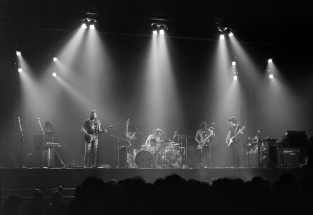 A live performance of The Dark Side of the Moon at Earls Court, shortly after its release in 1973: (l-r) Gilmour, Mason, Dick Parry, Waters
