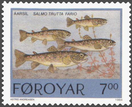 Brown trout (S. t. fario) in a Faroese stamp issued in 1994