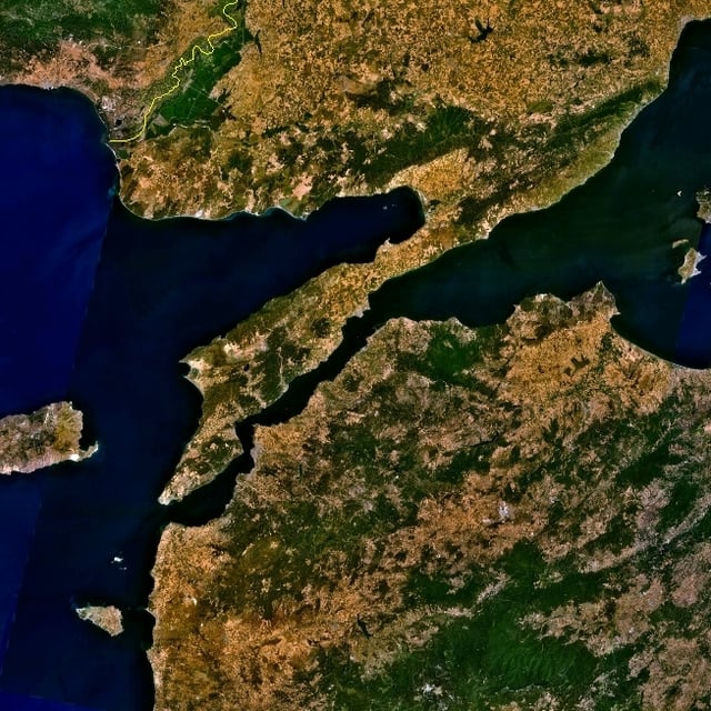 The Dardanelles strait in Turkey. The north side is Europe with the Gelibolu Peninsula in the Thrace region; the south side is Anatolia in Asia.