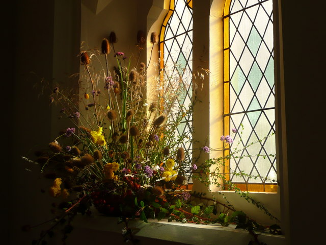 Harvest Festival flowers at a church in Shrewsbury, England