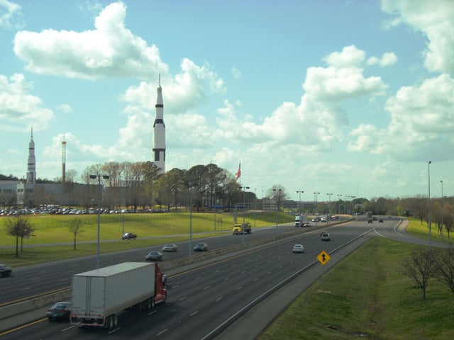 The Saturn V replica at the US Space and Rocket Center stands as a prominent landmark near mile 15 on Interstate 565.