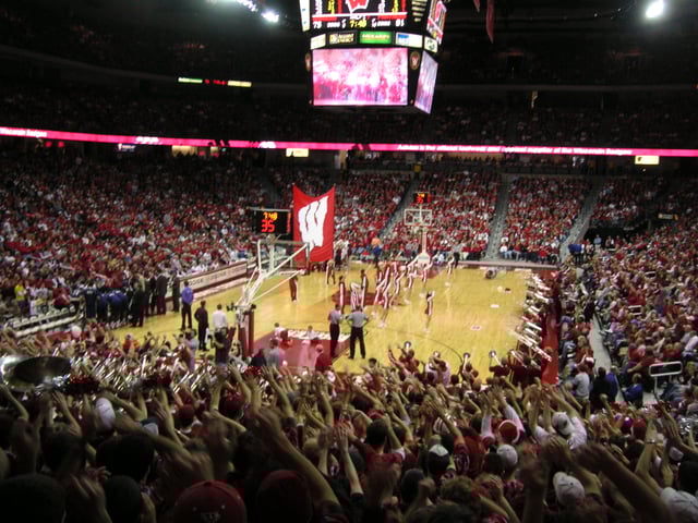 Men's basketball game as seen from the student section at the Kohl Center