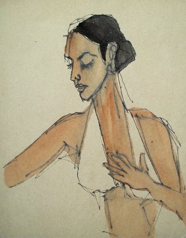 lonely lady 13x13 cm 1982 watercolor on paper- very early work by Raja SegarLonely lady by Raja Segar