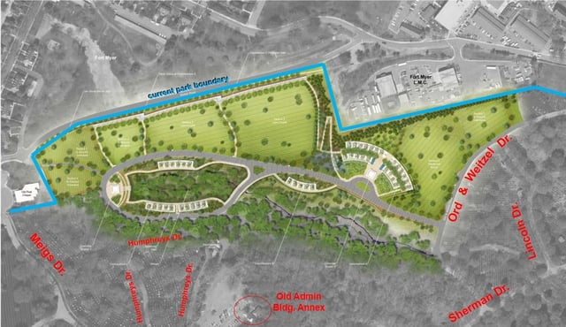 Map showing the Millennium Project's expansion of Arlington National Cemetery into Arlington Woods and Fort Myer.