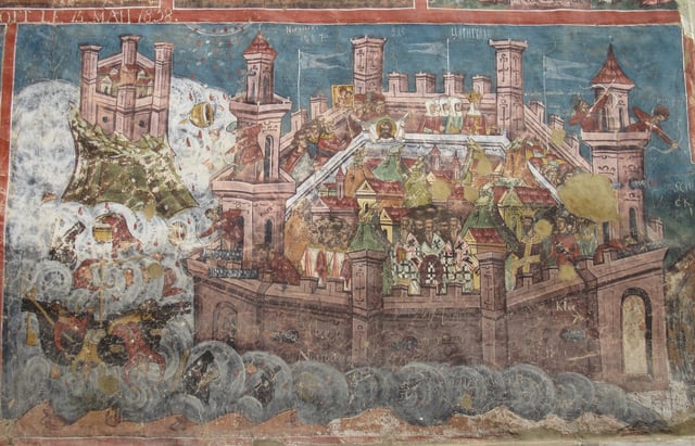 The Siege of Constantinople in 626 by the combined Sassanid, Avar, and Slavic forces depicted on the murals of the Moldovița Monastery, Romania