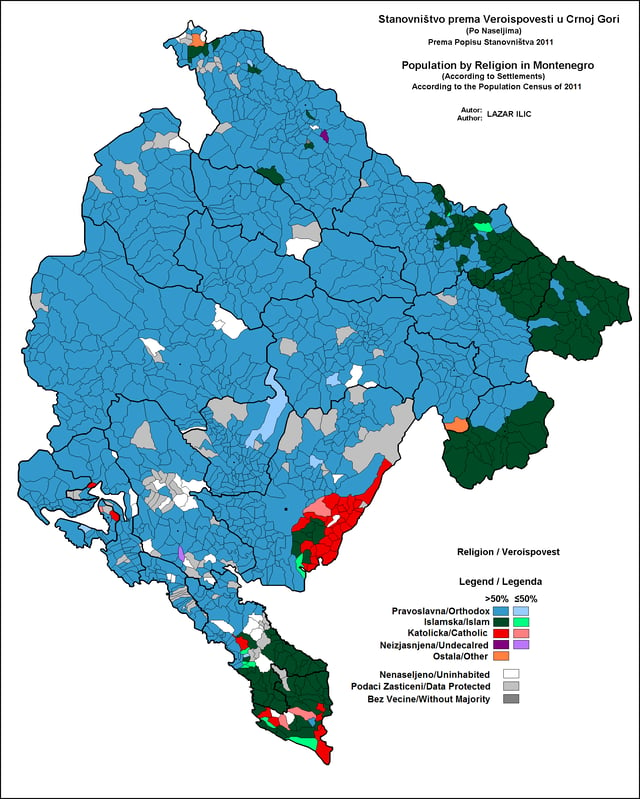 Religious structure of Montenegro by settlements, 2011