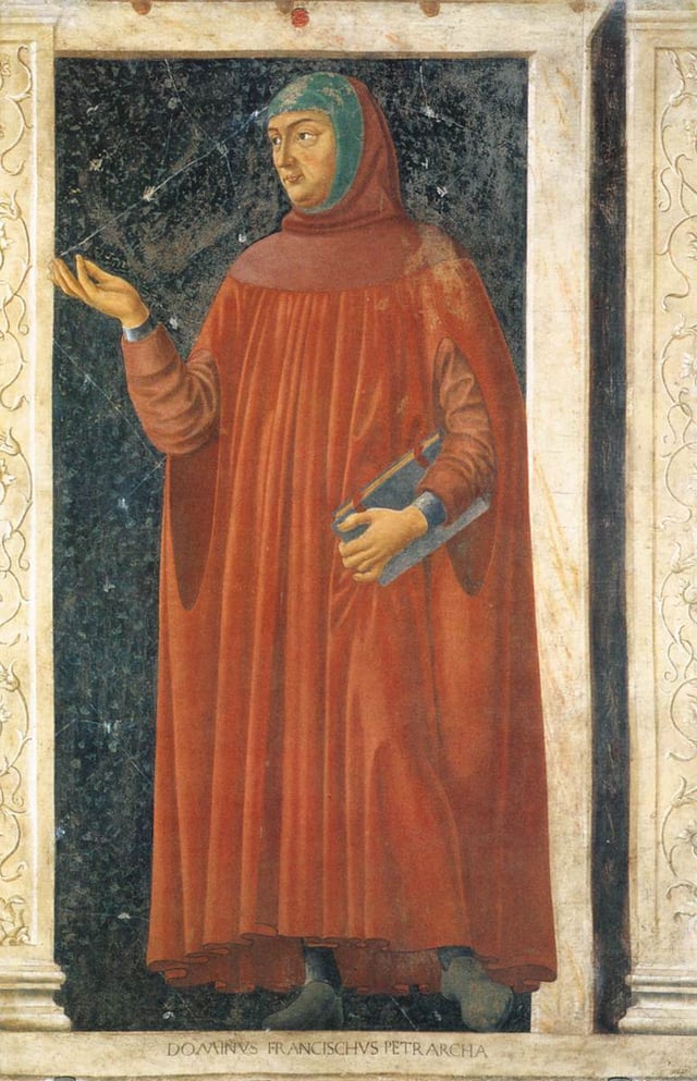 Petrarch, from the Cycle of Famous Men and Women. ca. 1450.  Detached fresco.  247 cm × 153 cm (97.24 in × 60.24 in). Galleria degli Uffizi, Florence, Italy.  Artist: Andrea di Bartolo di Bargilla (ca. 1423–1457).