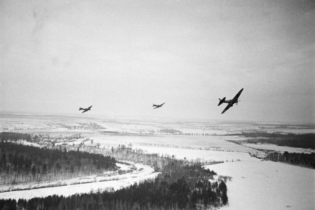 Soviet Ilyushin Il-2s flying over German positions near Moscow