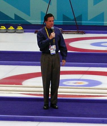 Romney, as president and CEO of the Salt Lake Organizing Committee for the 2002 Winter Olympics, speaking before a curling match