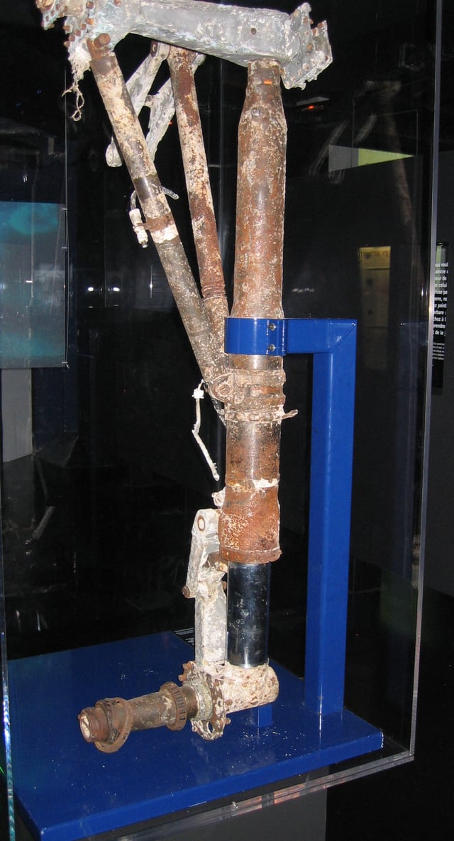 A piece of the landing gear of Saint-Exupéry's P-38 Lightning, recovered from the Mediterranean off the coast of France in 2003, displayed at the French Air and Space Museum