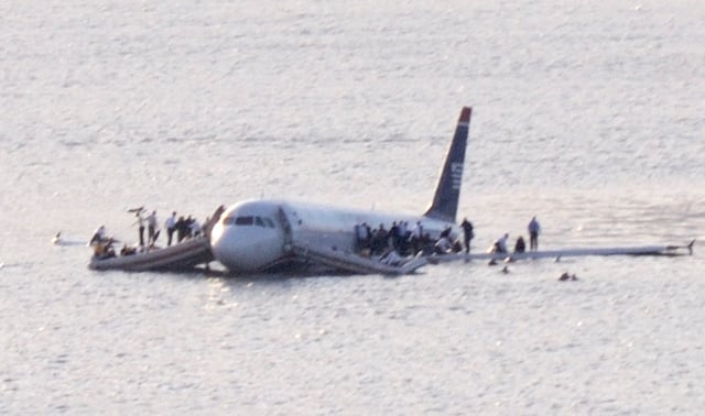 US Airways Flight 1549 after landing on the waters of the Hudson River in January 2009