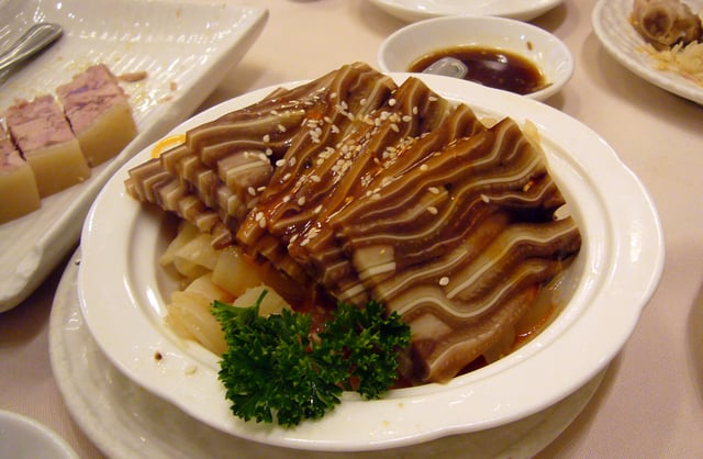 Stewed pig's ear as lou mei is usually served cold.