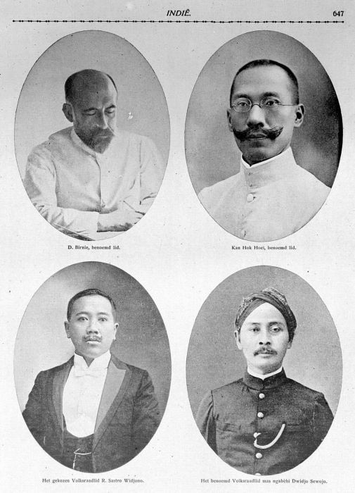 Volksraad members in 1918: D. Birnie (Dutch), Kan Hok Hoei (Chinese), R. Sastro Widjono and M.N. Dwidjo Sewojo (Javanese).