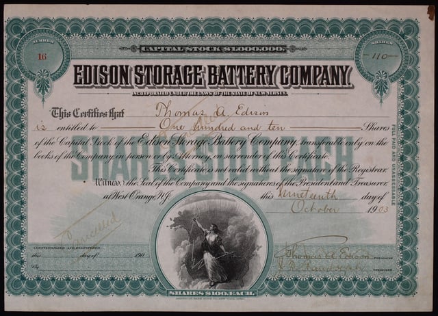 Share of the Edison Storage Battery Company, issued 19.