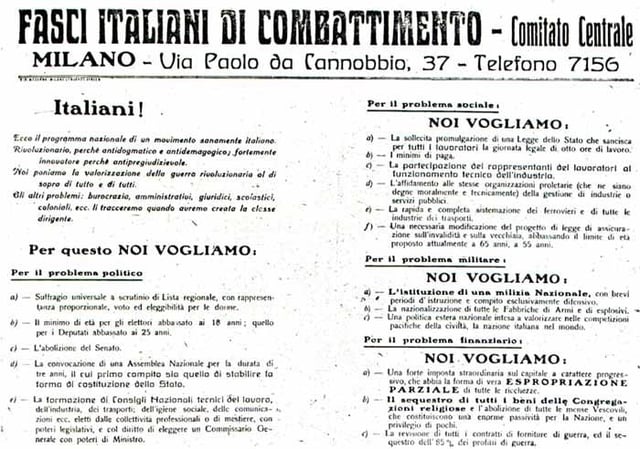 The platform of Fasci italiani di combattimento, as published in Il Popolo d'Italia"