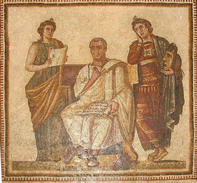 A 3rd-century Tunisian mosaic of Virgil seated between Clio and Melpomene (from Hadrumetum [Sousse])