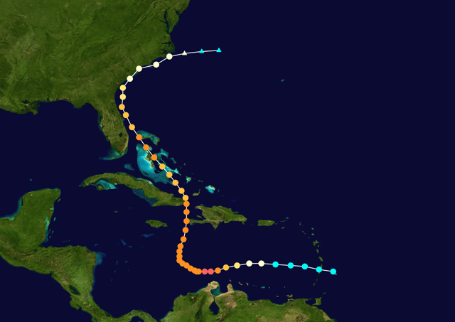 Map plotting the track and the intensity of the storm, according to the Saffir–Simpson scale