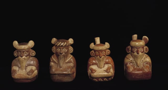 Moche ceramic vessels representing bearded men. Larco Museum Collection. Lima, Peru.