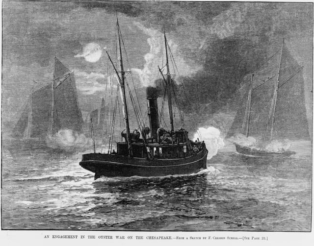 Oyster boats at war off the Maryland shore (1886 wood engraving). Regulation of the oyster beds in Virginia and Maryland has existed since the 19th century.