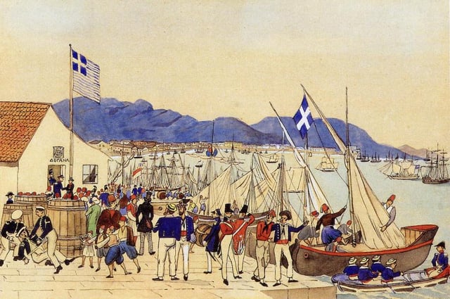 The customs office of the port of Piraeus in 1837. Watercolor by the Bavarian captain Ludwig Köllnberger.