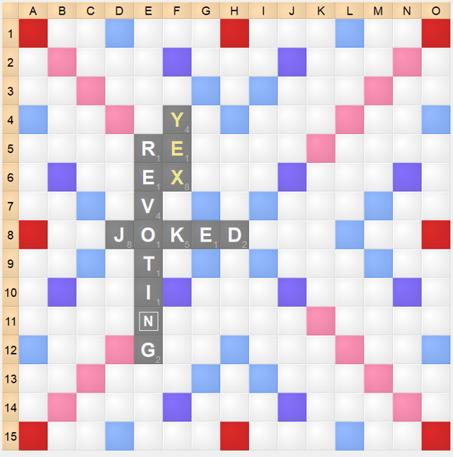 An example of a Scrabble game in progress using Quackle, an open-source program.