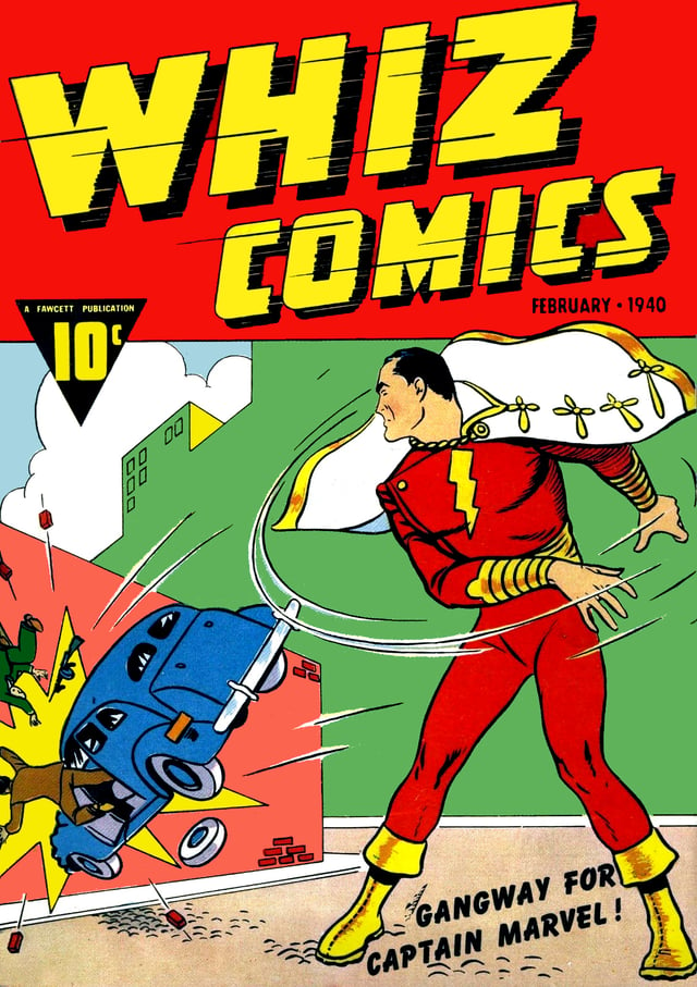 Captain Marvel first appeared in Whiz Comics #2 (Feb. 1940); art by C. C. Beck.