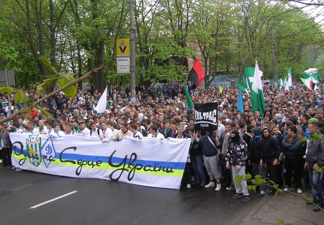 Ultras of FC Karpaty Lviv and FC Dynamo Kyiv wave the UPA flag in May 2011