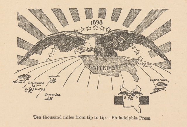 10000 Miles From Tip to Tip, 1898: The American Eagle spreading his wings from the Philippines to Porto Rico, "Ten thousand miles from tip to tip." Inset is a much smaller eagle, presiding over the eastern U.S. 100 years earlier, in 1798.